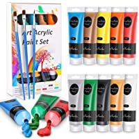 WOSTOO Pintura Acrílica 13 set Acrílicos No Tóxicos 10 Colores x 120ml + 3 Pinceles para usar en Madera- Papel- Cartón…